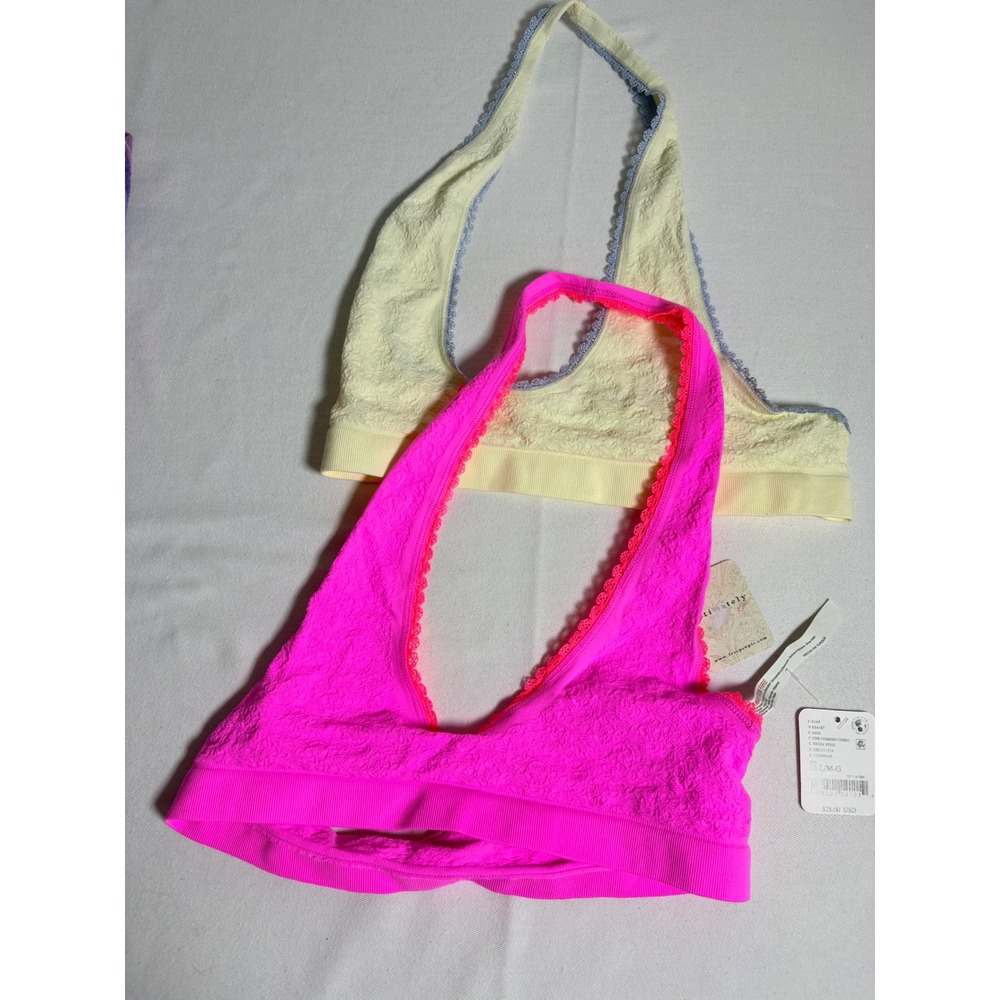 Free People Intimately Halter Bralette M/L Pink Yellow New 2 Pack Lace Plunge